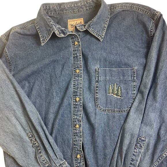 Woolrich Womens VTG Embroidered Denim Jean Shirt XL Medium Blue Trees Winter - Picture 12 of 16
